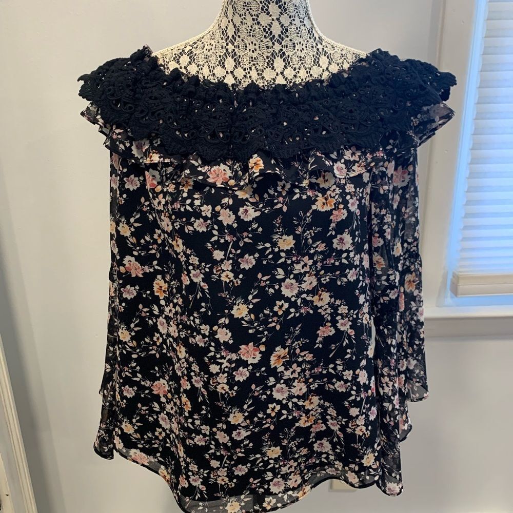 White House Black Market Black Ruffled Sleeveless Blouse